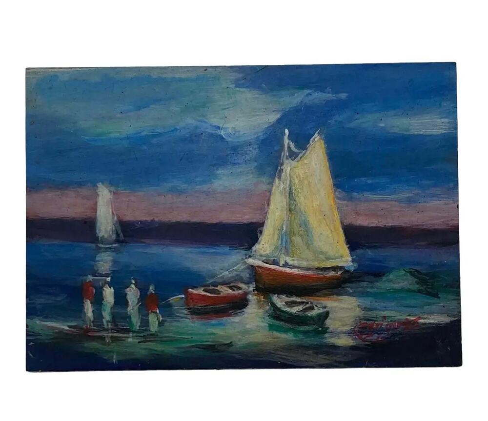 Impressionist Nautical Small Oil on Board “Boats on the Lake” Artist Signed